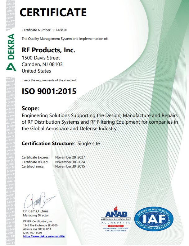 ISO 9001: 2015 Quality Certificate of Conformance